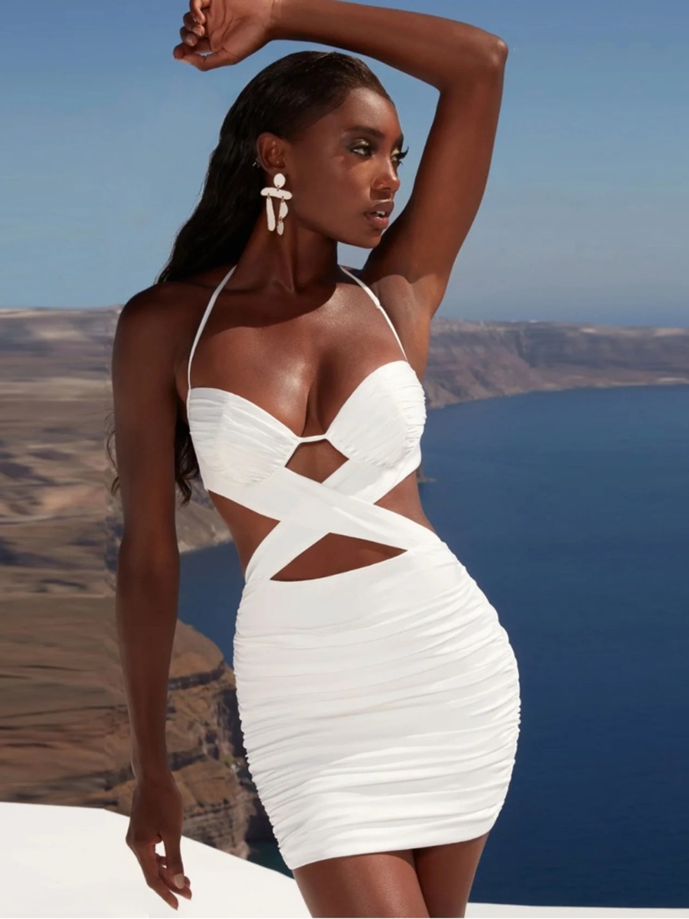 Oh Polly Cutout Crossover Ruched Top Mini Dress In Ivory Size 0 NWT